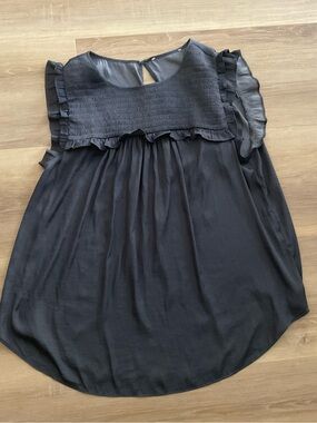 Ruffled Smocked-Yoke Black Blouse